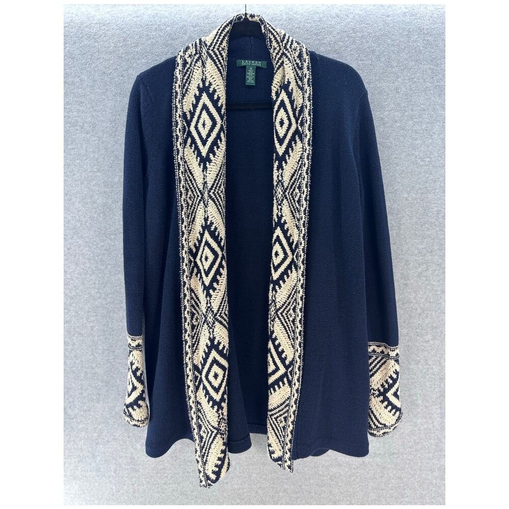 Ralph Lauren Women's M Cotton Navy Cream Cardigan Aztec Southwestern Tribal Open
